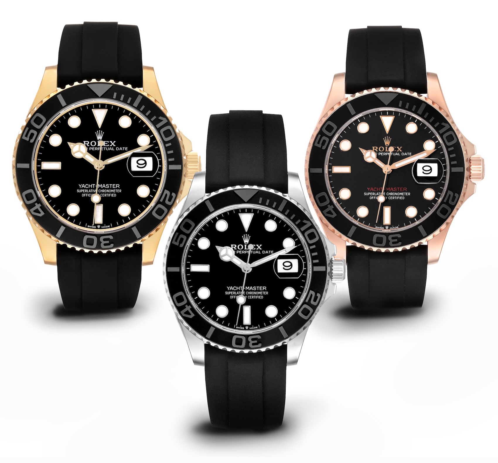 Three Rolex Yacht-Master watches on Oysterflex straps displayed on a white background: Yellow Gold, White Gold, and Everose Gold models.