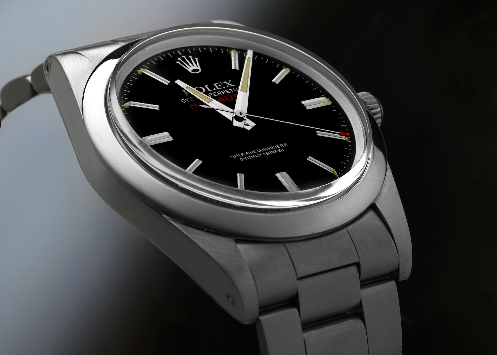 intage Rolex Milgauss Reference 1019 with matte black dial and brushed stainless steel Oyster case.