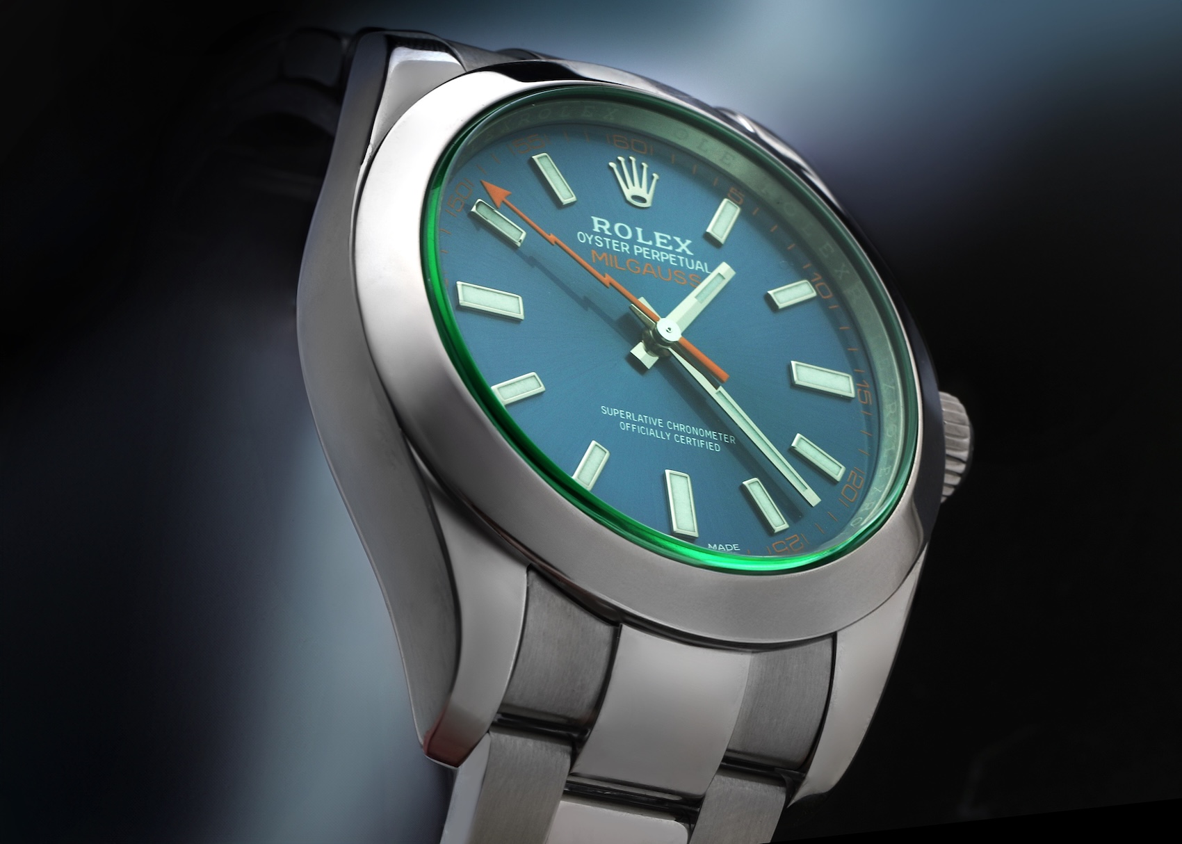 Rolex Milgauss Reference 116400GV with electric Z-Blue dial and green sapphire crystal.