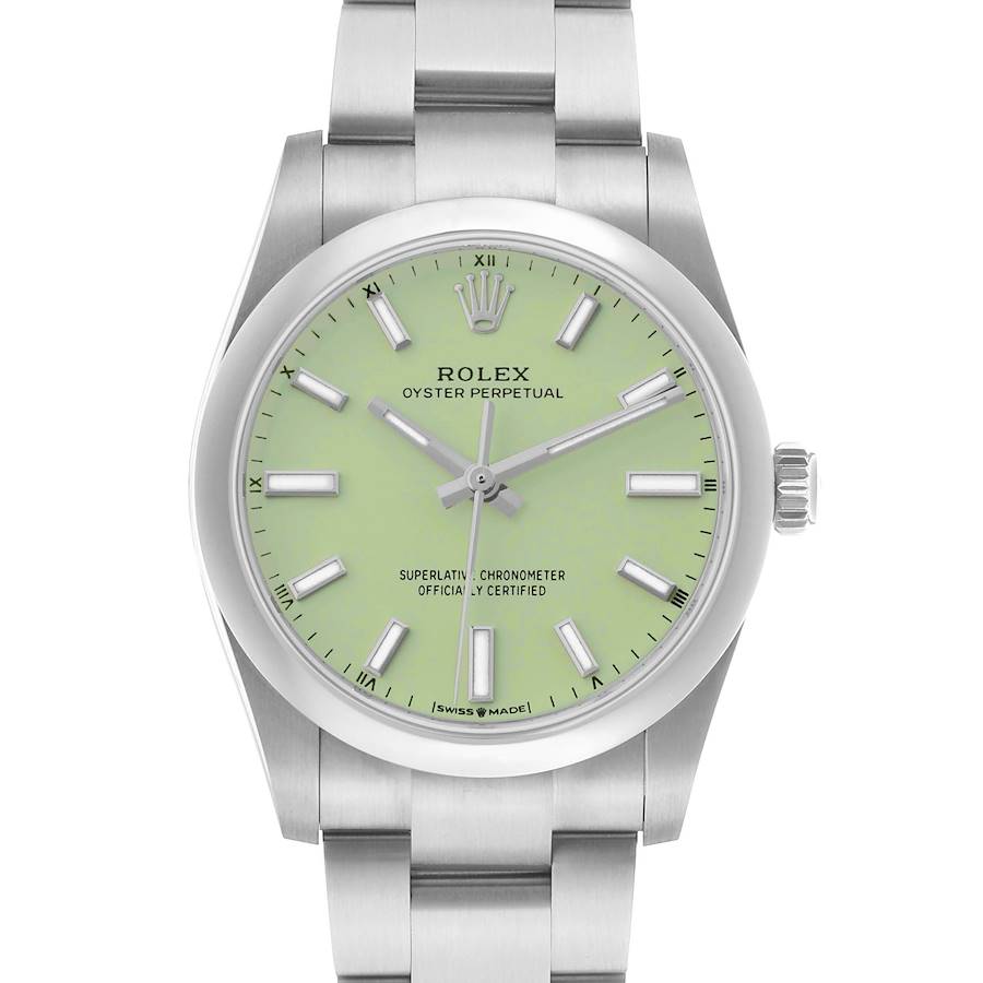 Front view of a 34mm Rolex Oyster Perpetual (Ref. 124200) in Oystersteel featuring the new 2025 matte pistachio green dial.