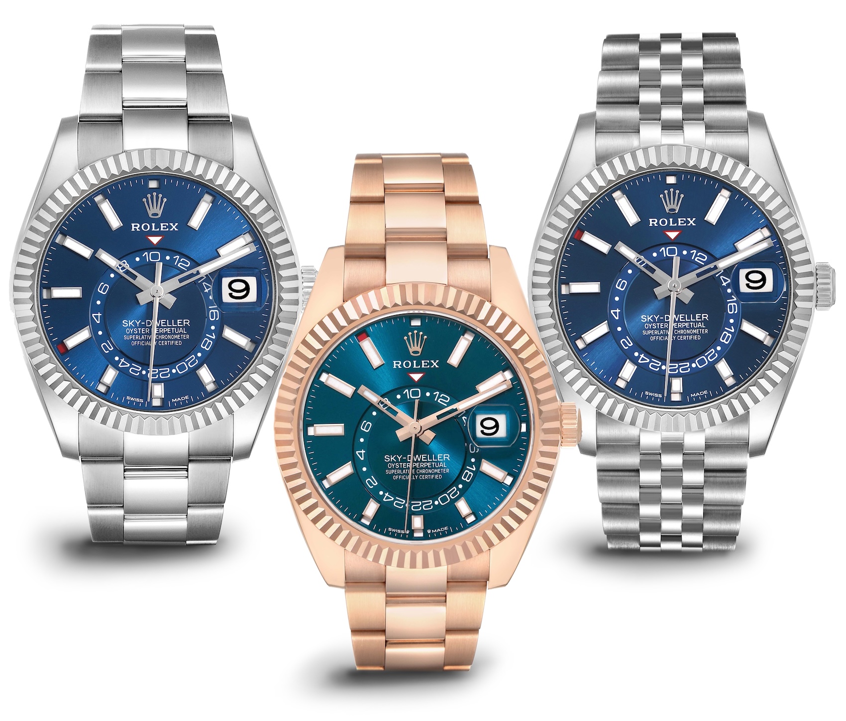 Three Rolex Sky-Dweller models with blue dials: a stainless steel Oyster version, an 18k Everose gold version with a blue-green dial, and a stainless steel Jubilee version.