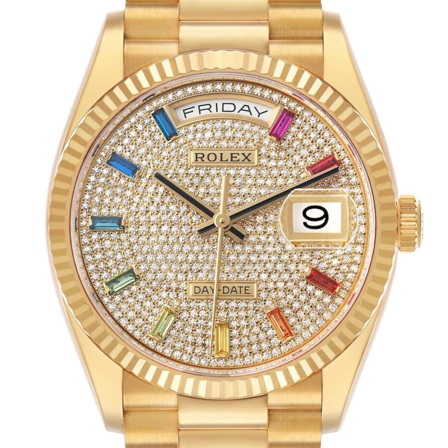 A direct, front-facing high-resolution shot of the Rolex Day-Date 36mm 128238 with a full diamond-pave dial, rainbow gemstone hour markers, and the day-date windows clearly visible.
