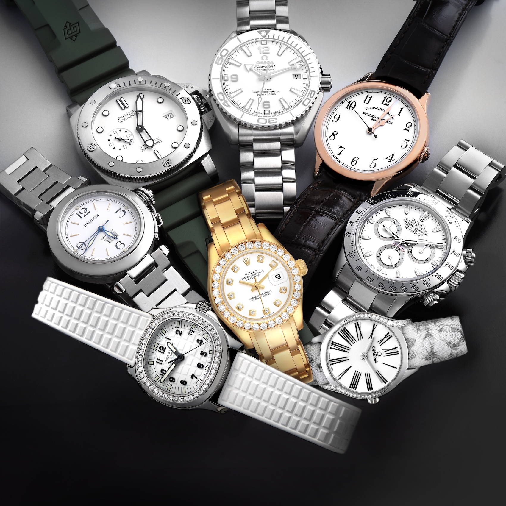 A curated collection of luxury white dial watches from Rolex, Patek Philippe, Omega, Cartier, and Panerai arranged in a circular layout on a dark background.