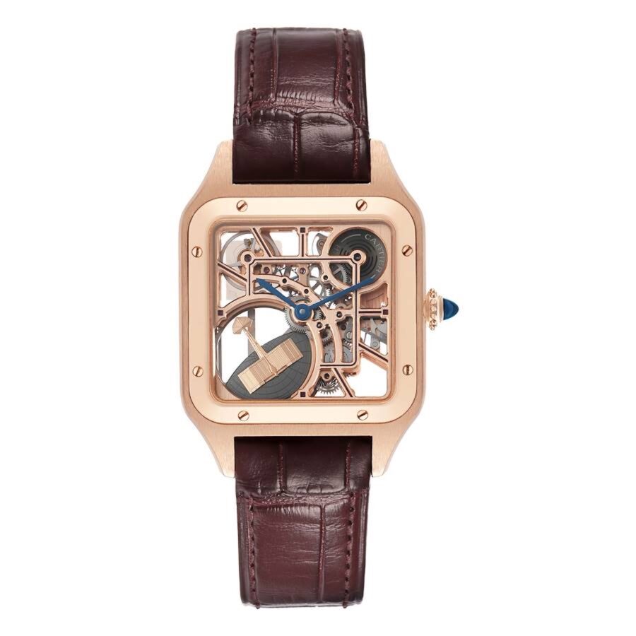 Front view of the Cartier WHSA0030 Santos-Dumont watch featuring a skeletonized dial, rose gold case, and a dark burgundy alligator leather strap.