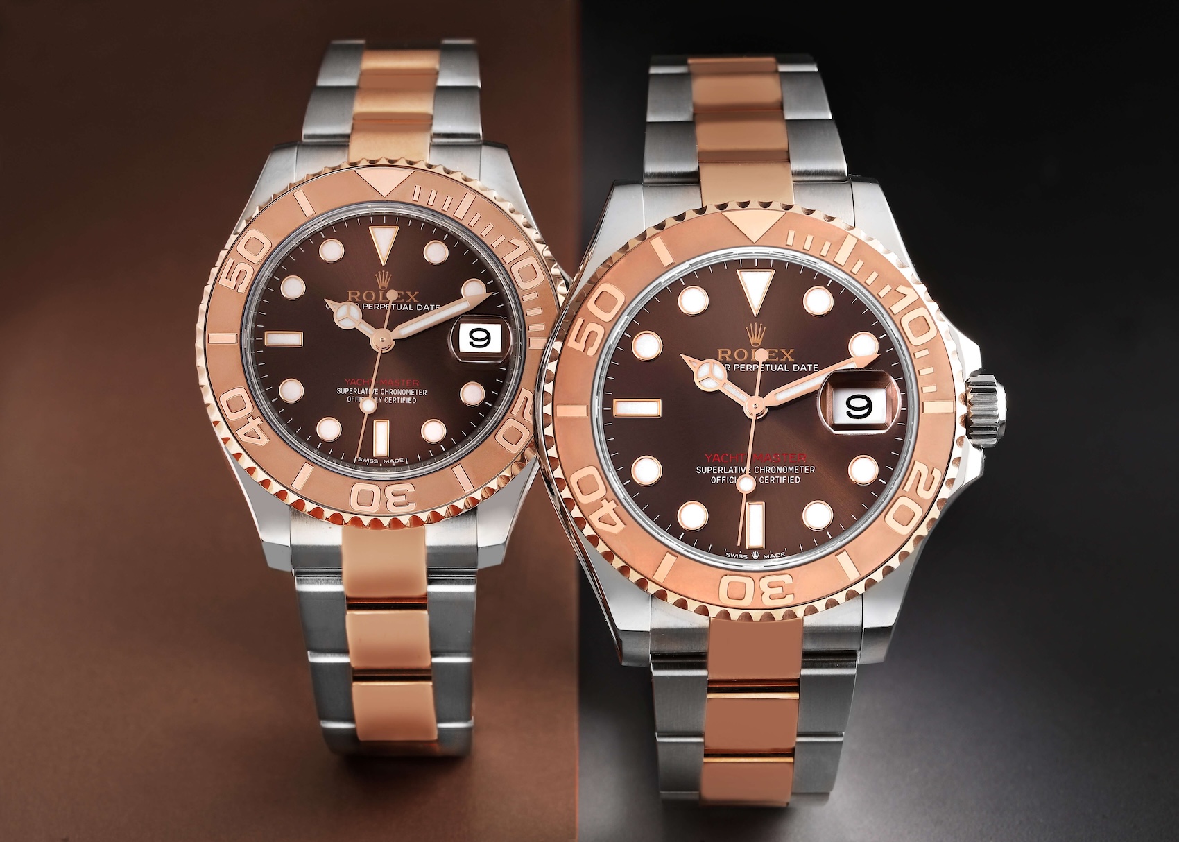 His and hers Rolex Yacht-Master watches featuring chocolate brown dials and two-tone Everose gold and steel bracelets.