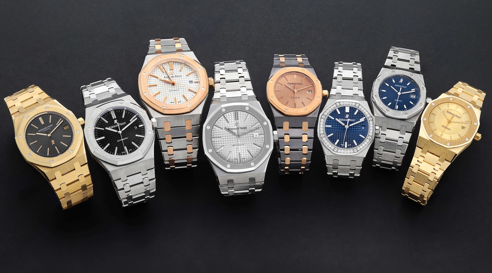 A diverse lineup of Audemars Piguet Royal Oak watches in gold and steel, showcasing the brand's cultural dominance.