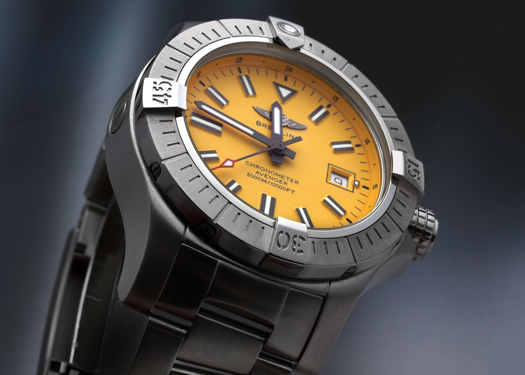 Breitling Avenger Seawolf with a bright yellow dial and stenciled bezel numerals.