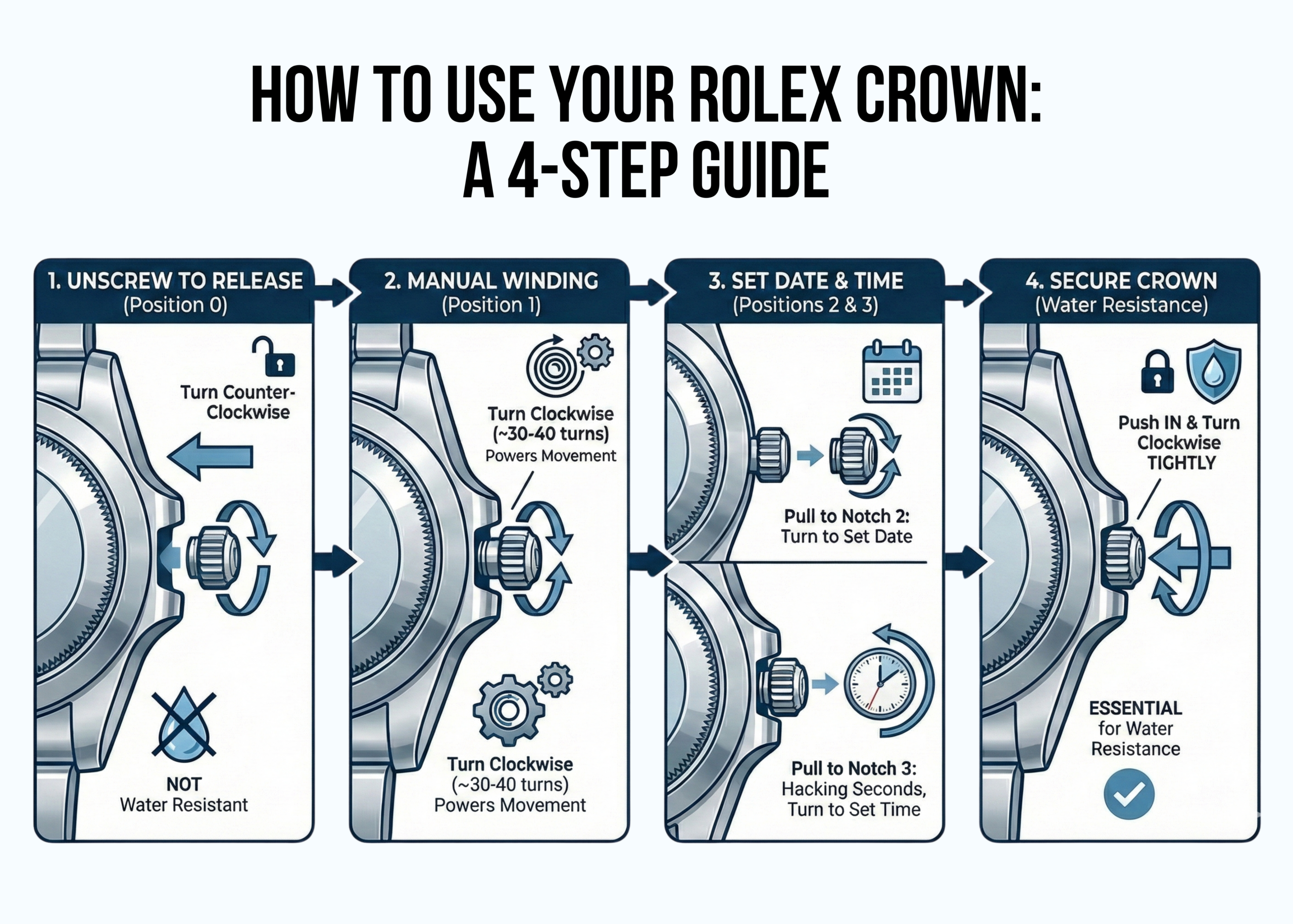 A 4-step infographic guide on how to safely unscrew, manually wind, set the date and time, and secure a Rolex winding crown to maintain water resistance.