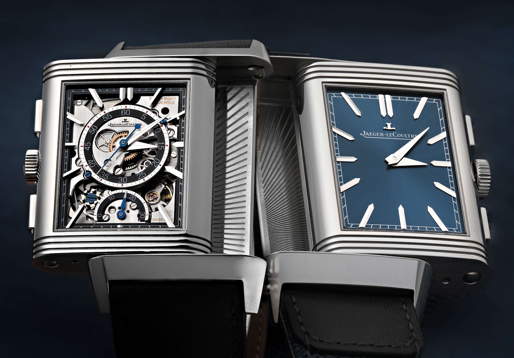  A complex, skeletonized Jaeger-LeCoultre Reverso, showcasing the brand's technical mastery and iconic reversible case.