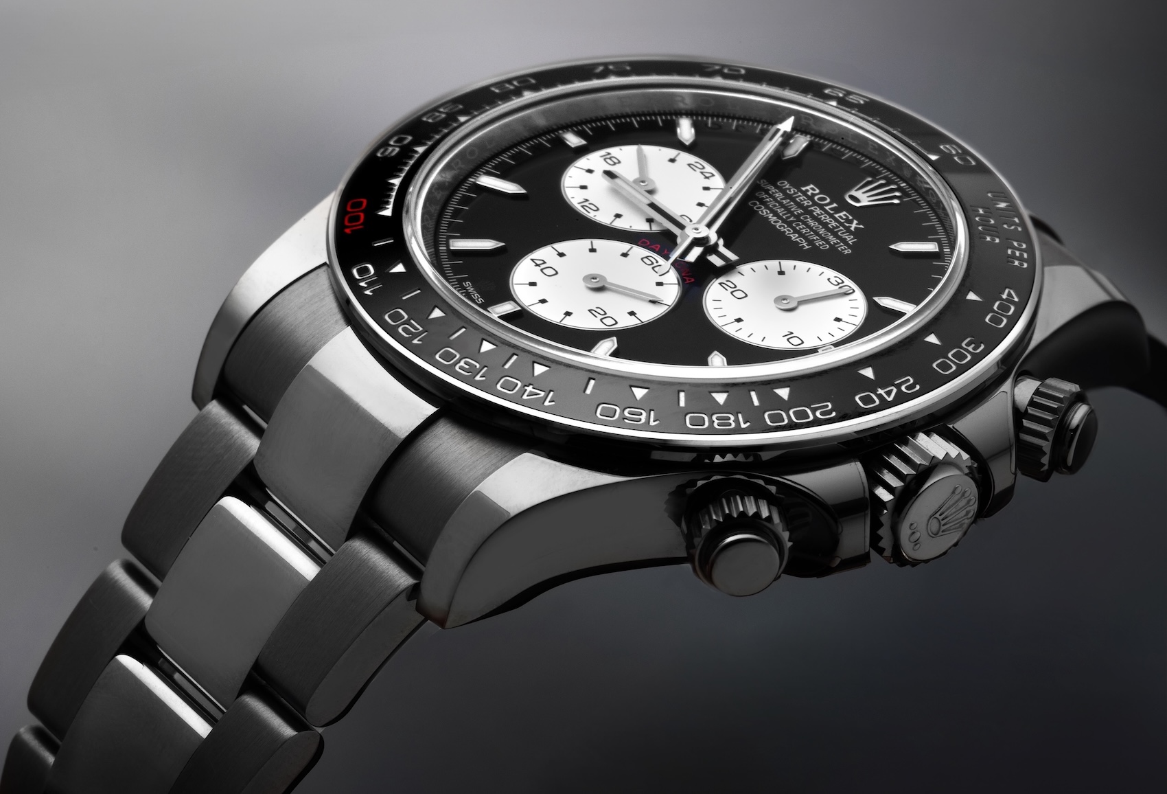 18k white gold Rolex Daytona Le Mans ref 126529LN featuring a Triplock crown with a large center dot.