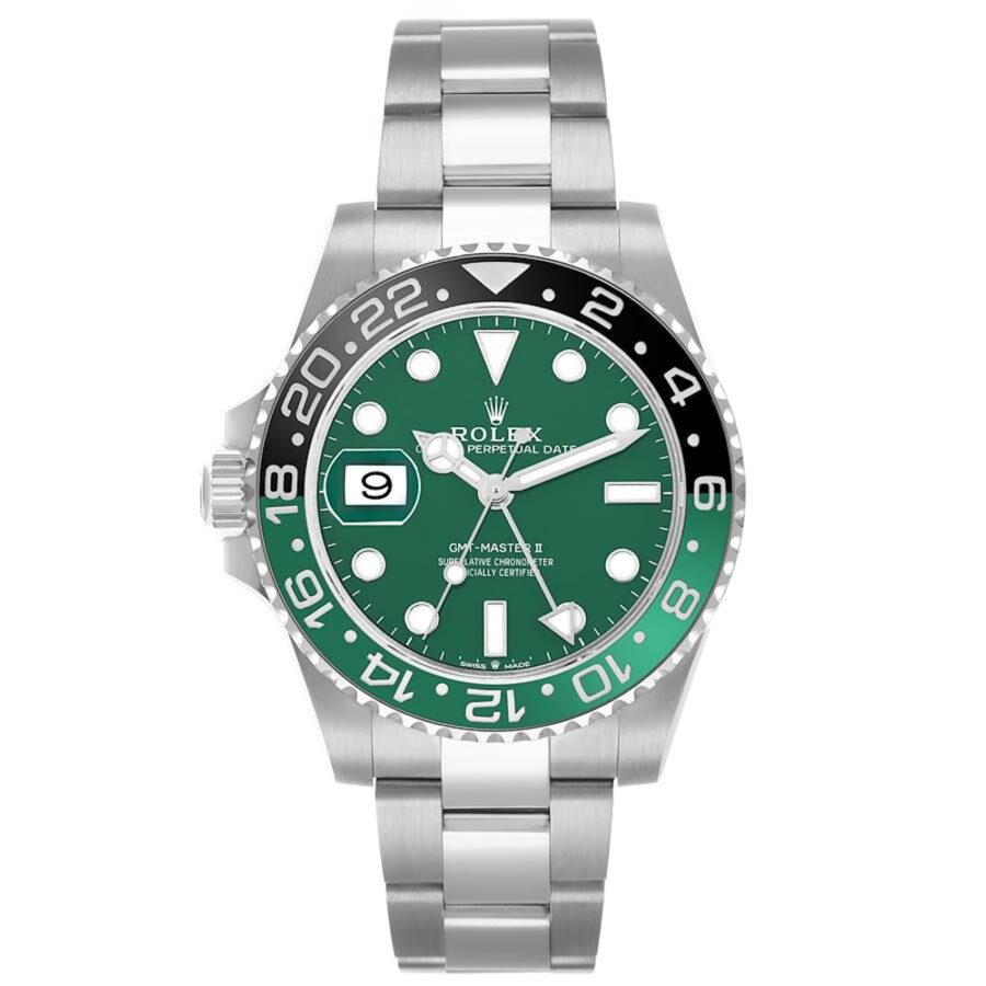 : Front view of the Rolex GMT-Master II reference 126729VTNR in 18k white gold with a green dial.