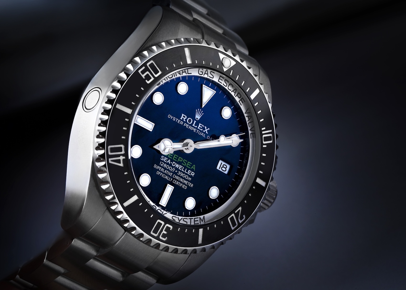 Rolex Deepsea James Cameron edition with a D-Blue dial, displaying the date without a Cyclops lens.