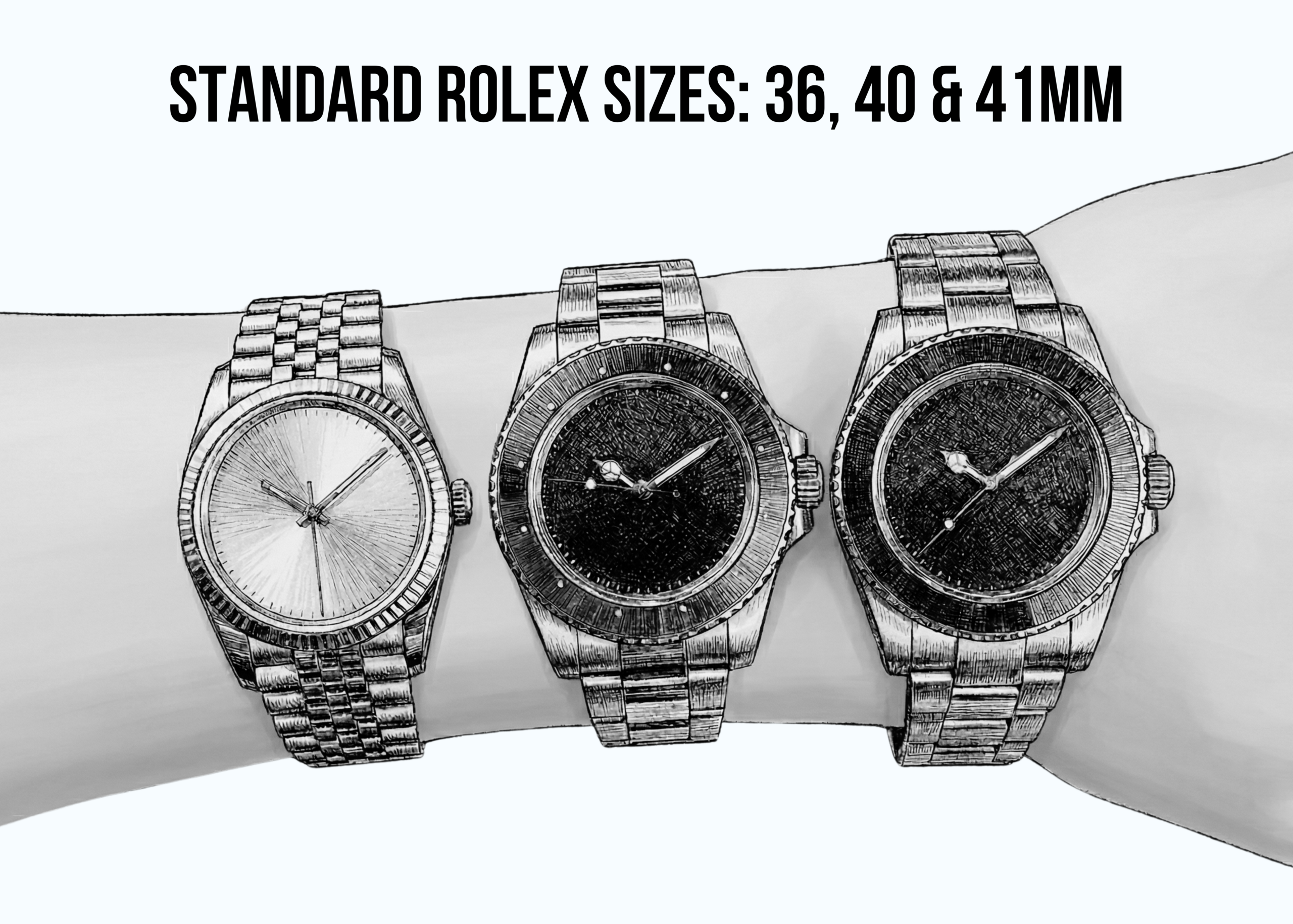 Side-by-side comparison of a 36mm Datejust, 40mm GMT-Master II, and 41mm Submariner worn on the same wrist to show scale.