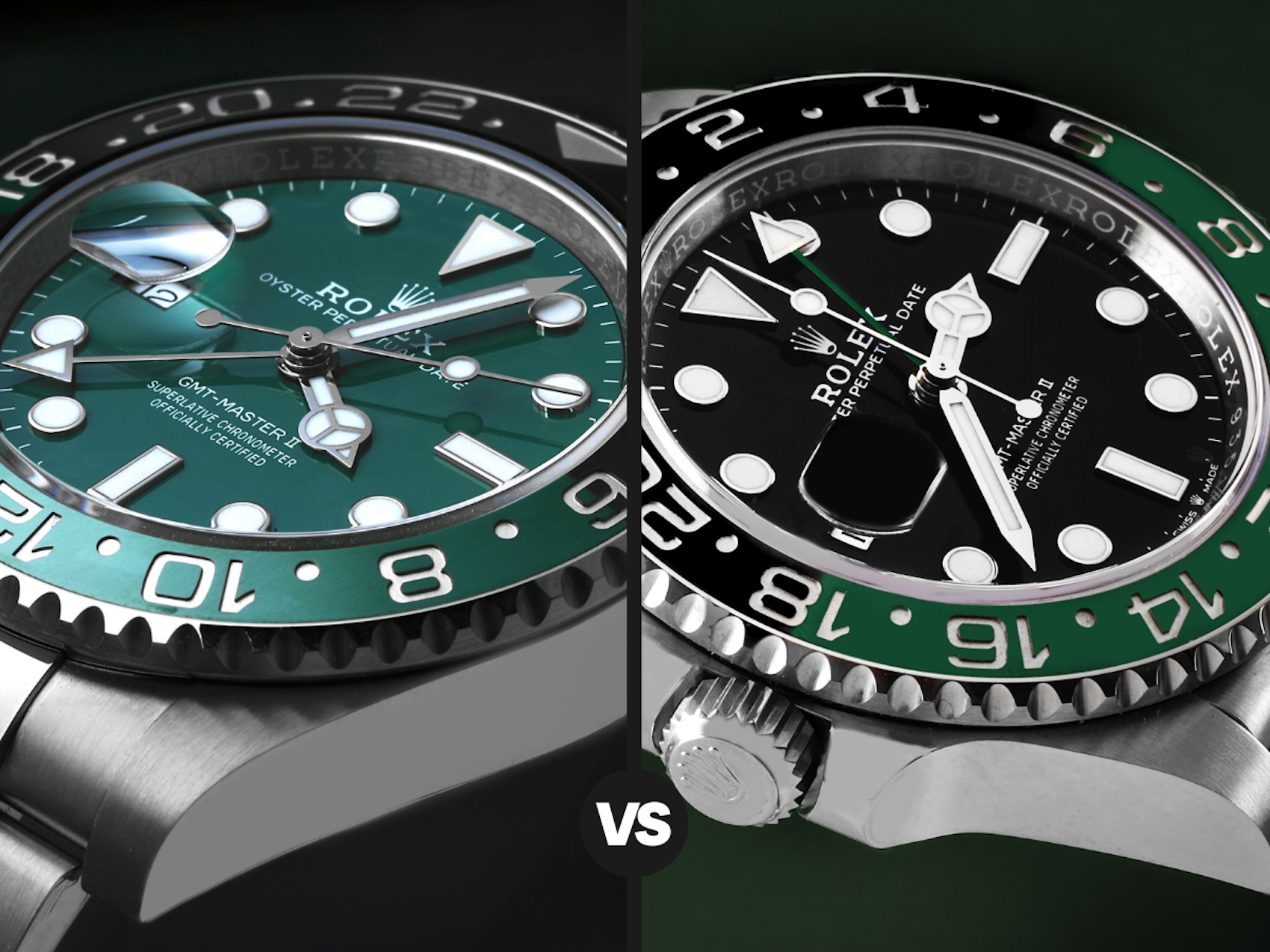 Side-by-side comparison of the Rolex GMT-Master II Sprite in 18k white gold with a green dial versus the Oystersteel model with a black dial.
