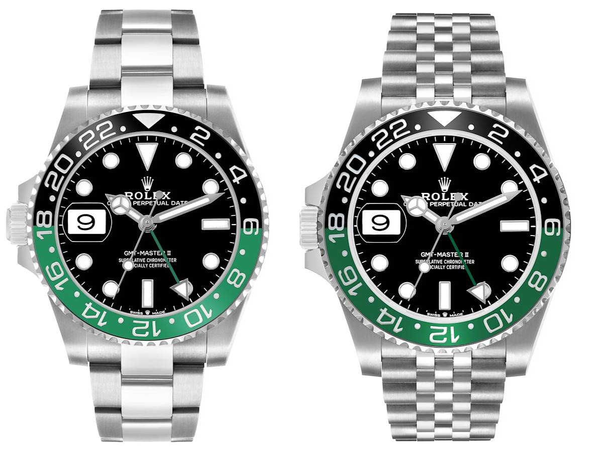 Side-by-side comparison of the Rolex GMT-Master II Sprite 126720VTNR in Oystersteel on an Oyster bracelet versus a Jubilee bracelet.