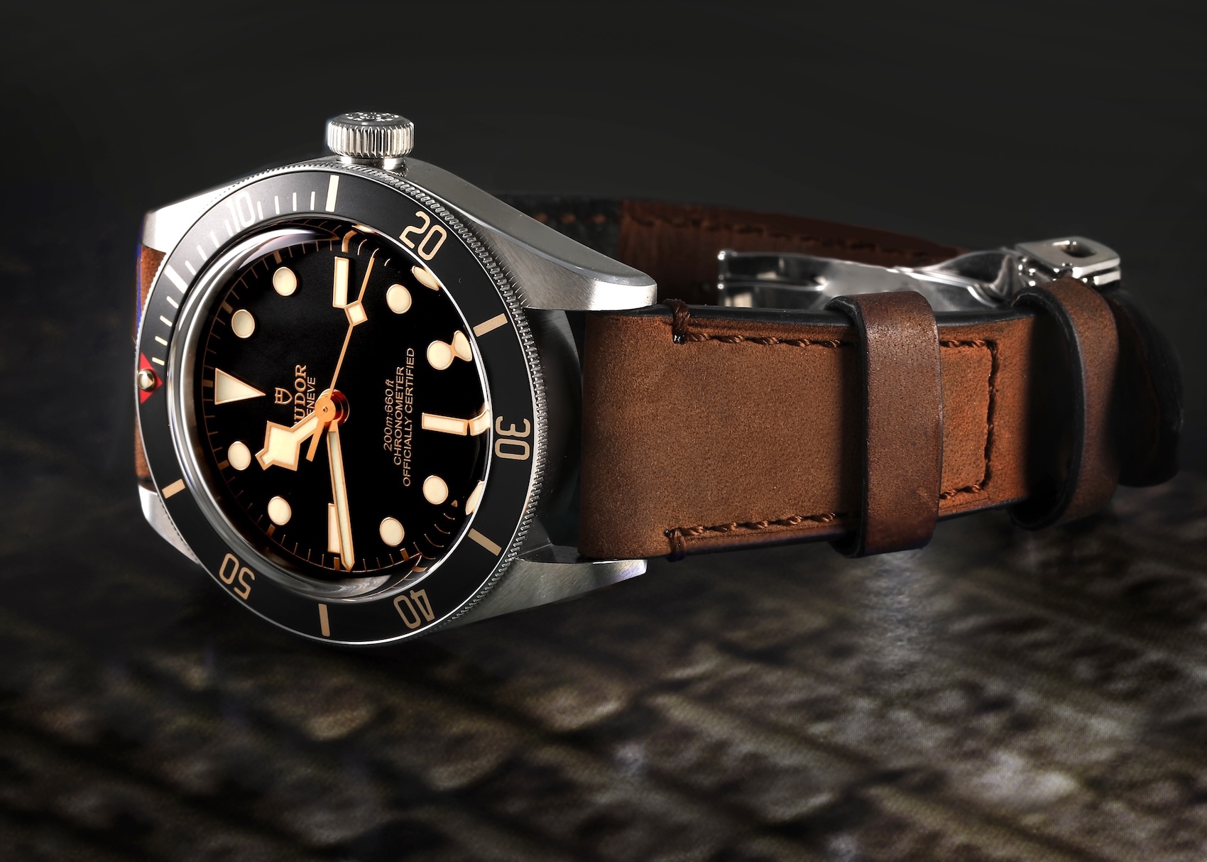 Tudor Black Bay 58 with black gilt dial on a vintage brown leather strap, side profile view.