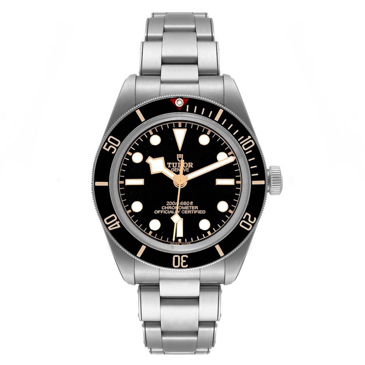 Full front view of the Tudor Black Bay 58 on a stainless steel rivet bracelet against a white background.