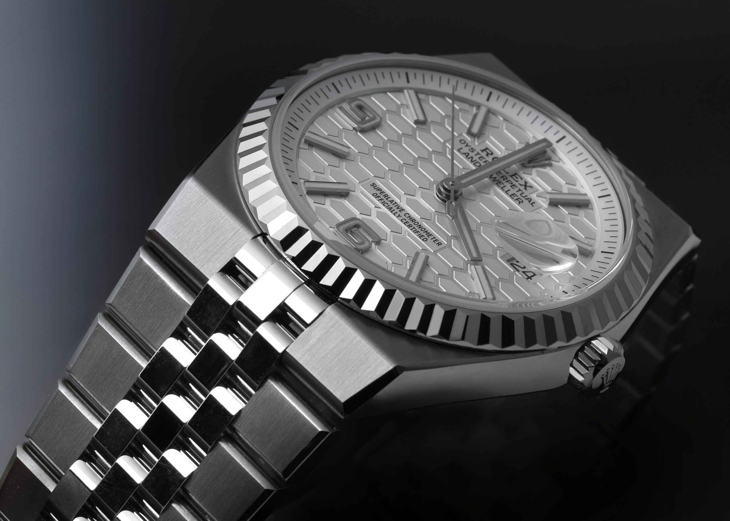 The newly released Rolex Land-Dweller reference 127334 in Oystersteel and white gold, showcasing a highly textured honeycomb dial and integrated bracelet, debuted by Conan O'Brien on the 2026 Oscars red carpet.