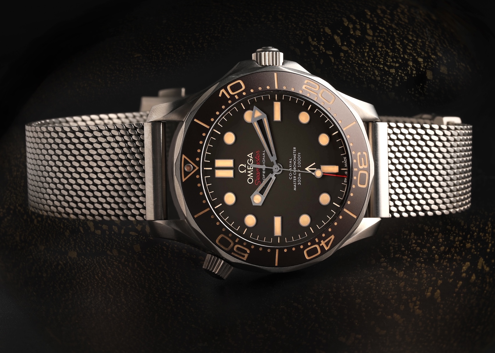 Omega Seamaster Diver 300M No Time To Die edition in Grade 2 Titanium with mesh bracelet