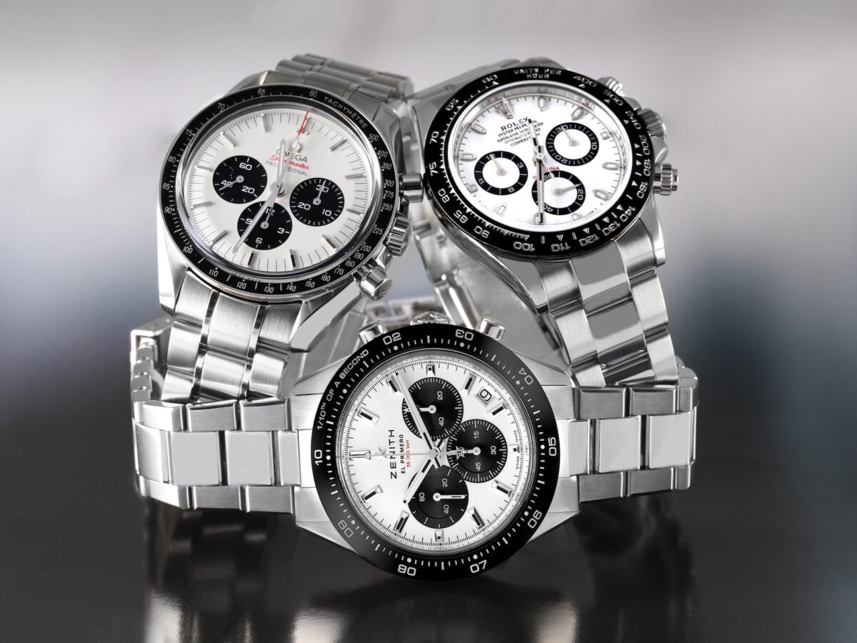 Rolex Daytona white dial compared to Zenith Chronomaster Sport and Omega Speedmaster chronographs.