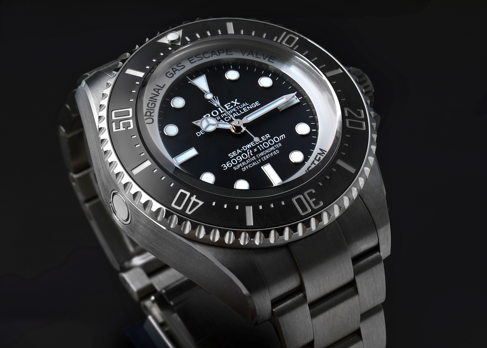 Profile view of the 23mm thick Rolex Deepsea Challenge 126067 showing the Original Gas Escape Valve and brushed titanium case finish.