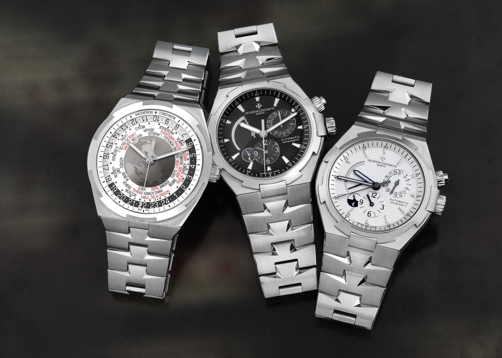A collection of Vacheron Constantin Overseas complication watches including World Time and Dual Time models.