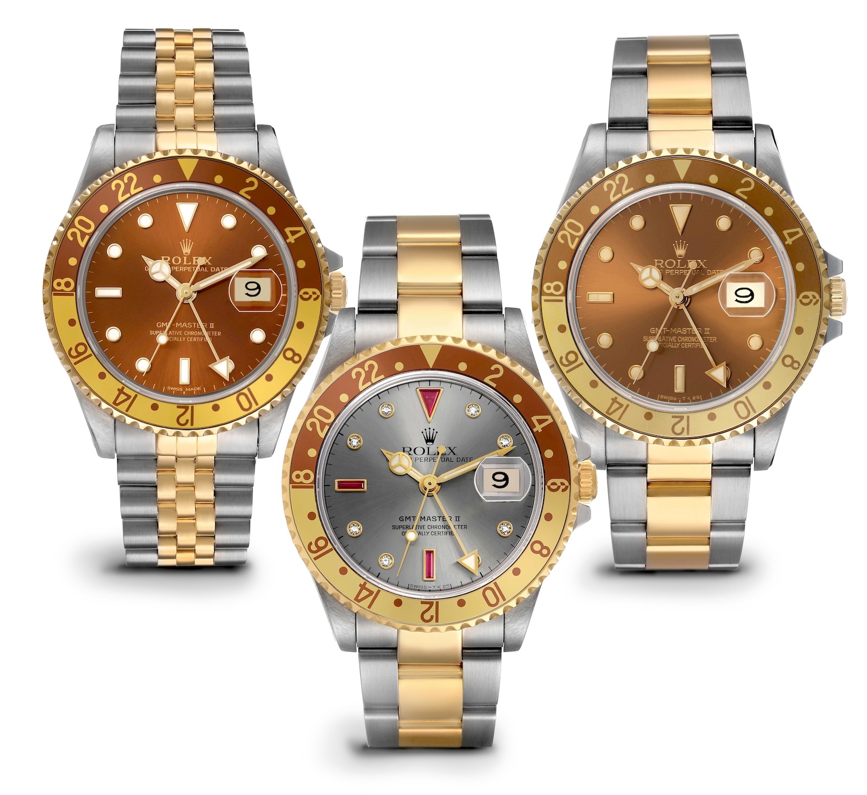 A group photo of three different vintage Rolex GMT-Master Root Beer references (16753/1675-3), including one example featuring a unique grey 'Serti' diamond dial.