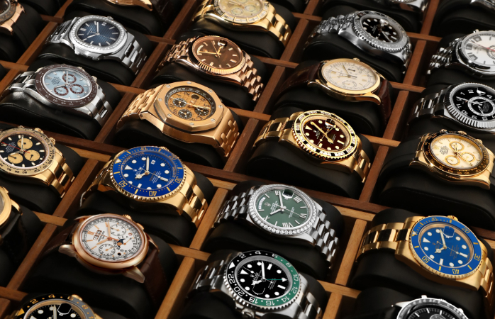 Swiss watches displayed in a case
