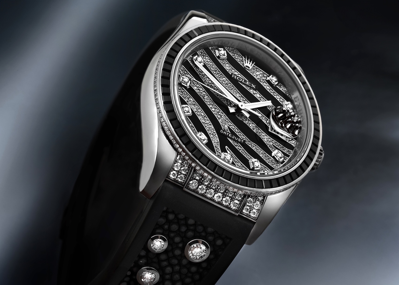 Rare Rolex Datejust 'Zebra' in white gold with a pave diamond dial and black lacquer baguette-style stripes.
