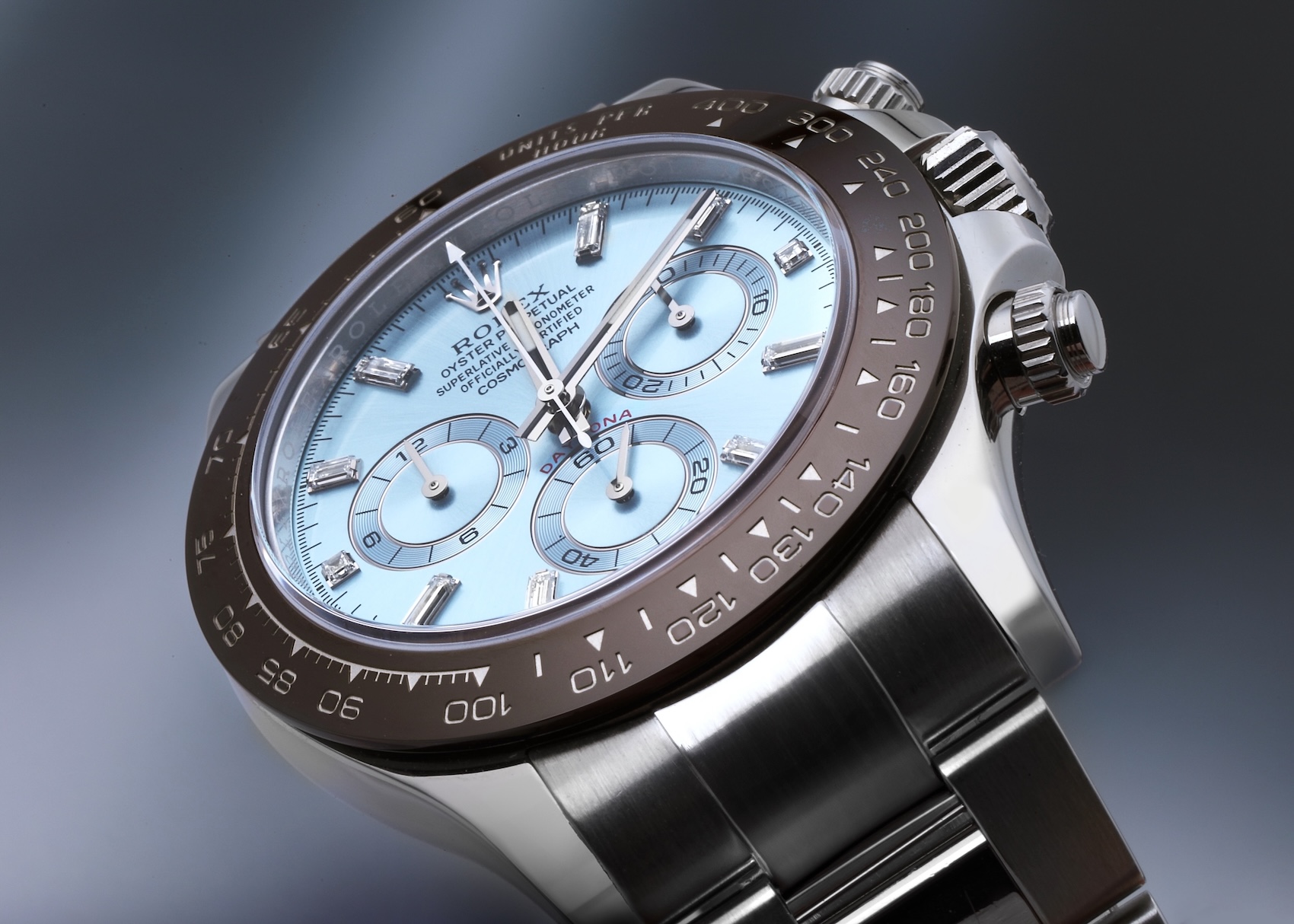 Rolex Cosmograph Daytona reference 126506 in 950 platinum with an ice blue dial and factory baguette diamond hour markers.