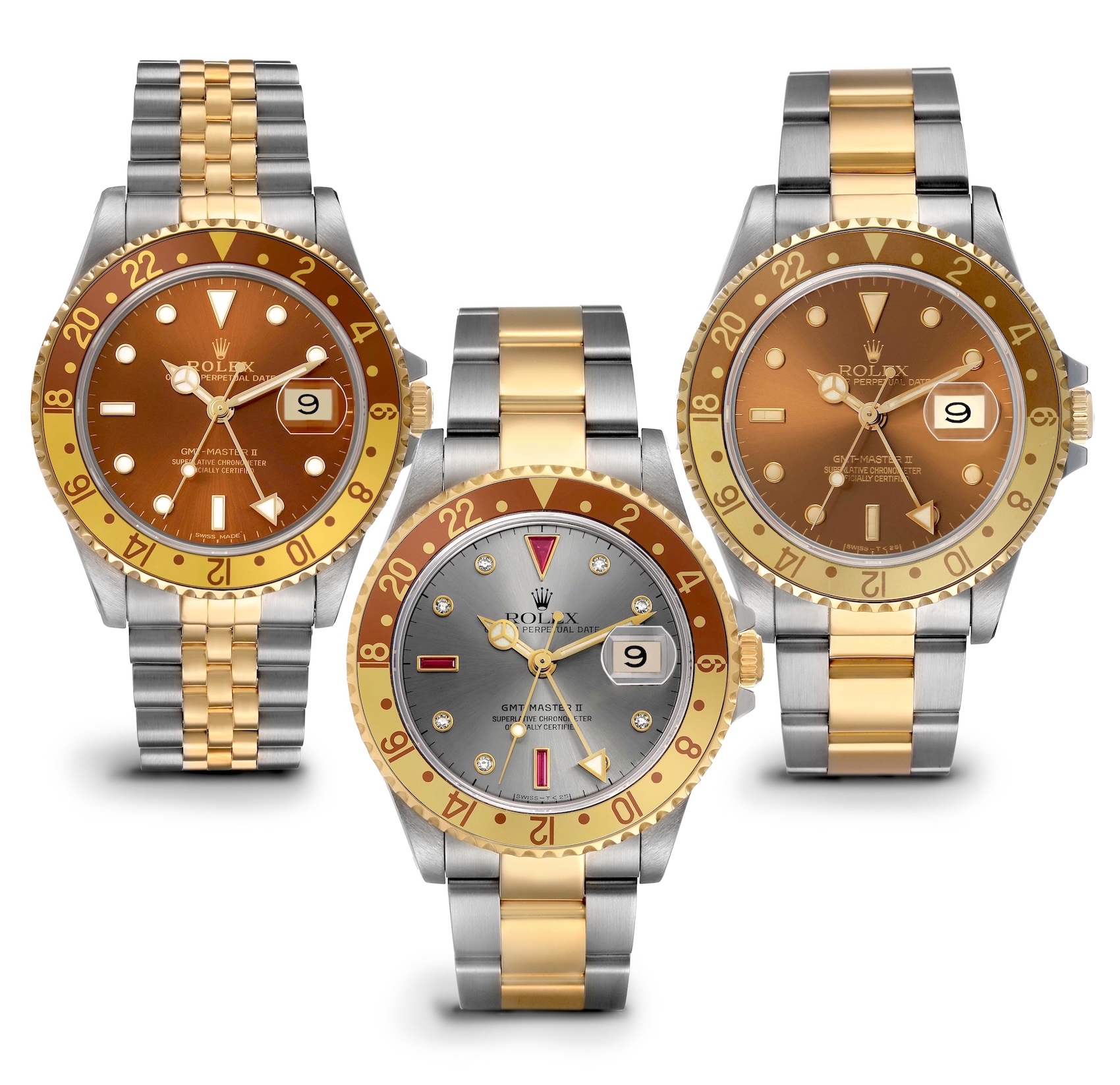 Studio lineup of three Rolex GMT-Master II 16713 watches available at SwissWatchExpo, showcasing brown and slate Serti dial options.