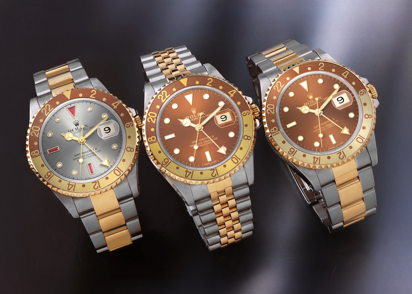 Three Rolex GMT-Master II 16713 Root Beer watches on a dark background showing Serti dial, Jubilee, and Oyster bracelet variations.