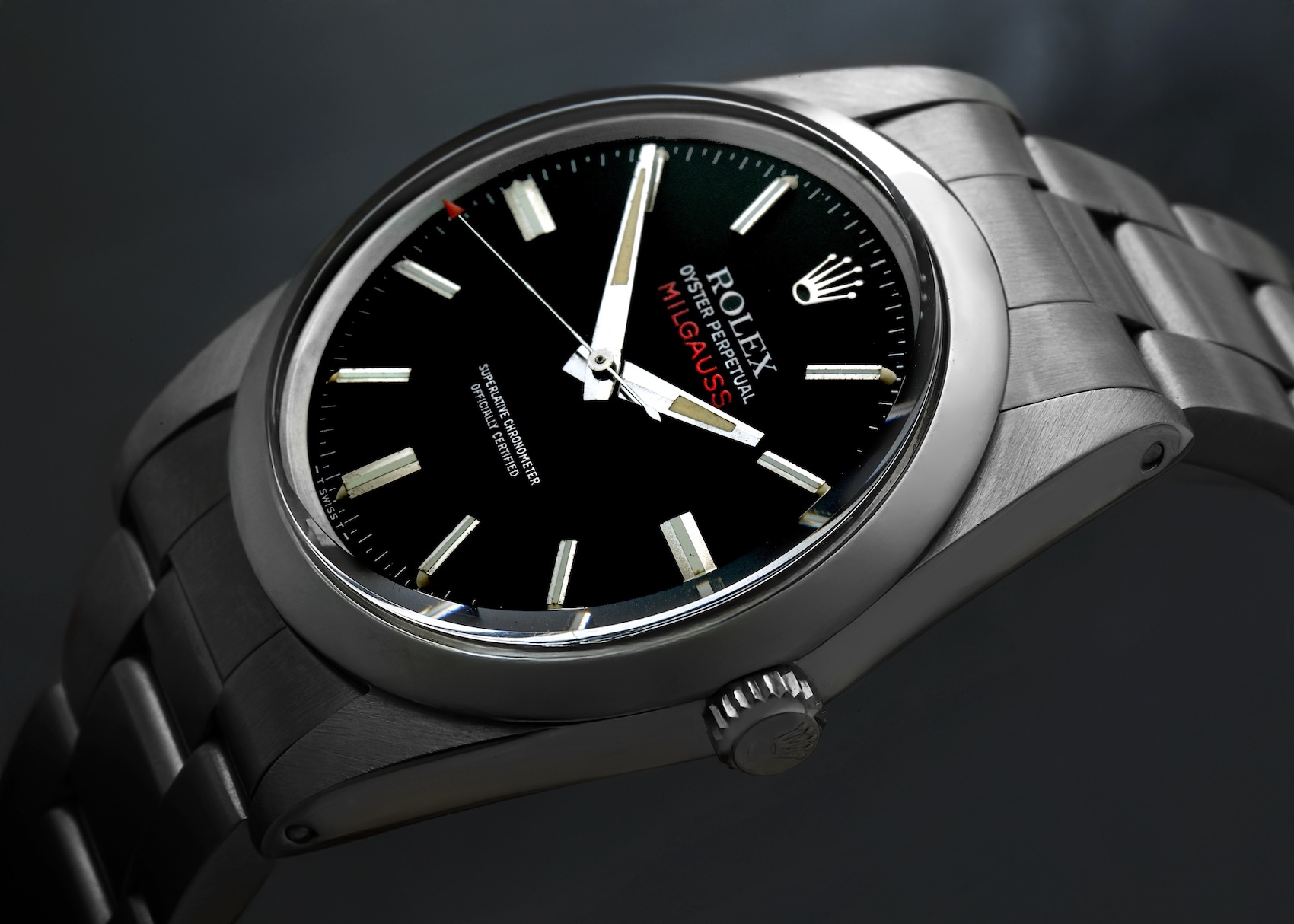 Vintage Rolex Milgauss Reference 1019 featuring a black crosshair dial and smooth stainless steel bezel.