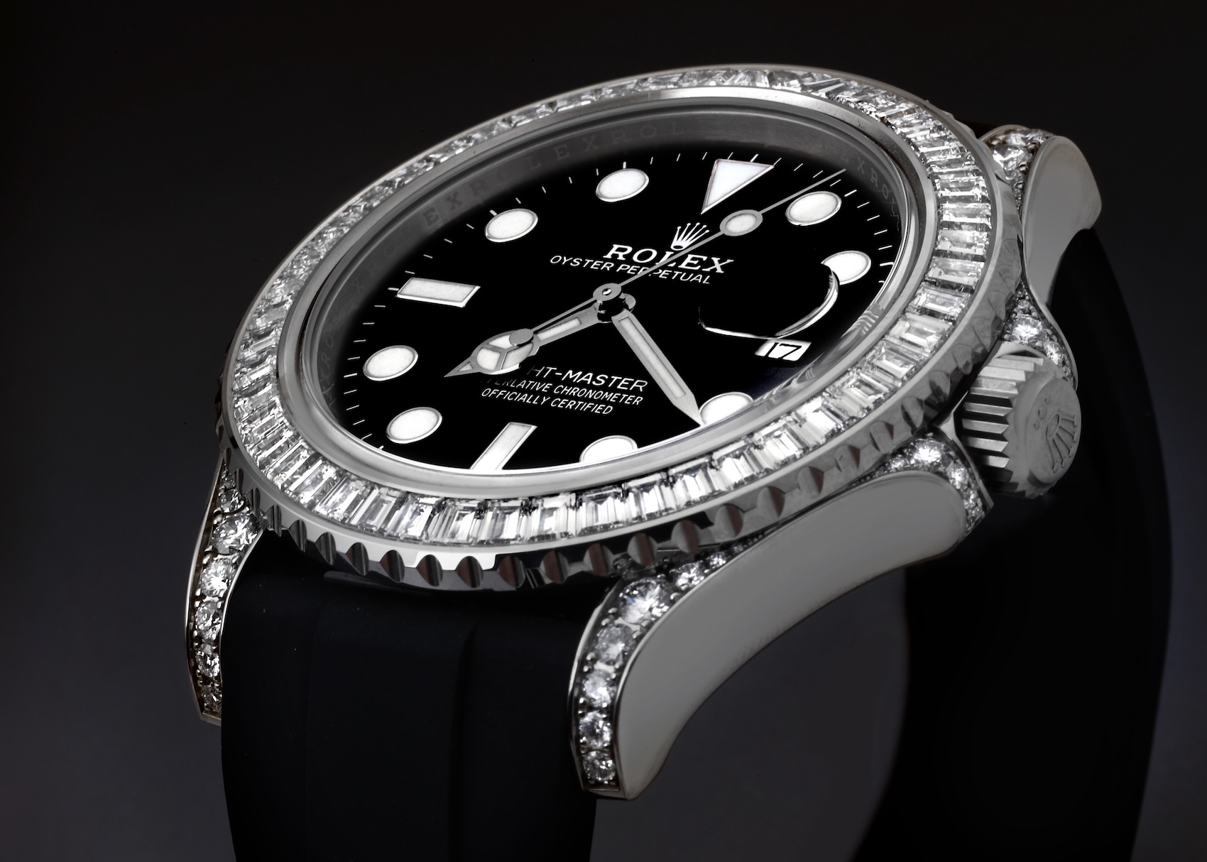 Rolex Yacht-Master in white gold on an Oysterflex strap featuring a full factory-set baguette diamond bezel.