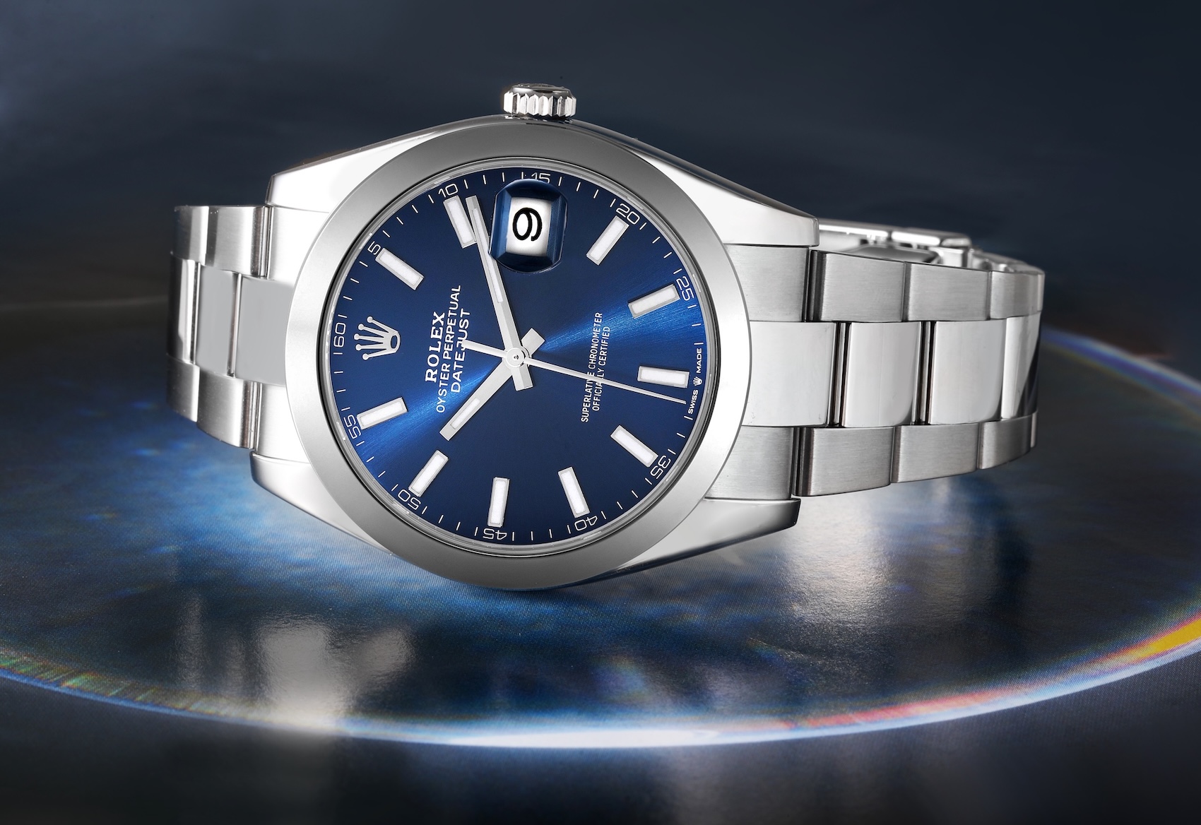 Rolex Datejust 41mm in stainless steel featuring a blue sunburst dial, smooth bezel, and Oyster bracelet