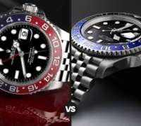 Split-screen comparison of the Rolex GMT-Master II Pepsi ref 126710BLRO and Batgirl ref 126710BLNR on Jubilee bracelets.
