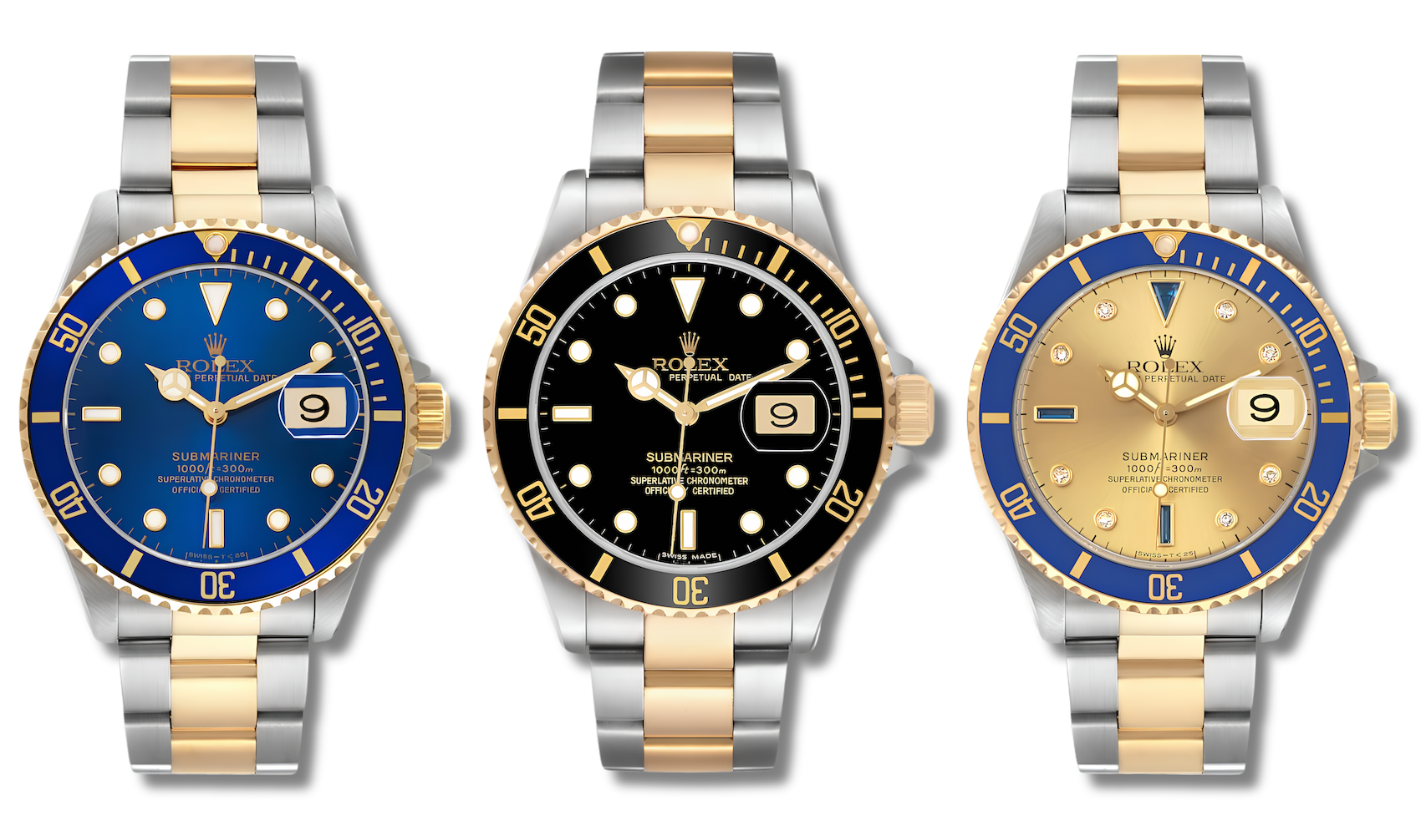 A side-by-side comparison of three two-tone Rolex Submariner Reference 16613 watches on a clean white background. From left to right: the blue sunburst dial with blue bezel, the black dial with black bezel, and the champagne Serti diamond dial with blue bezel.