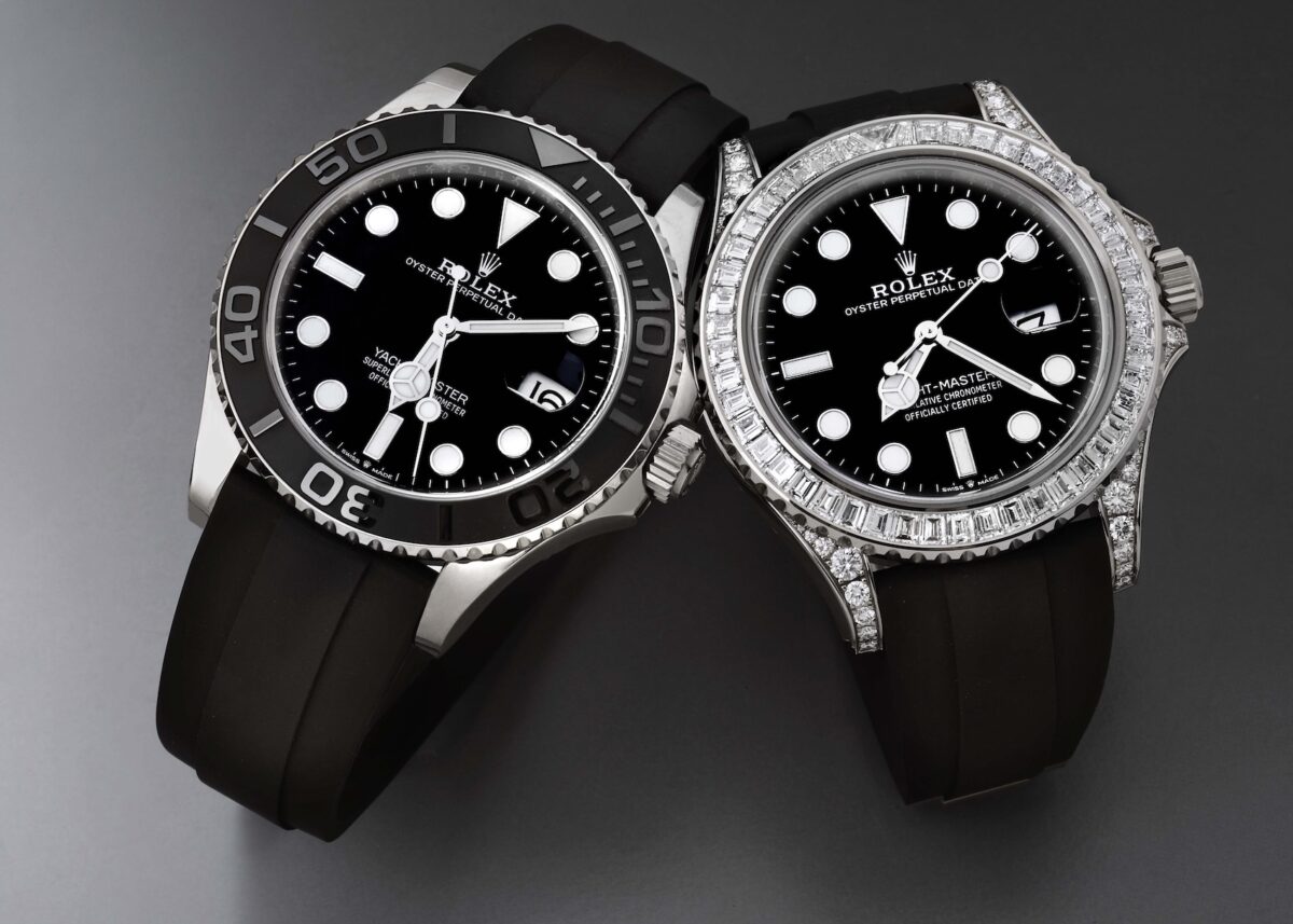 Side-by-side comparison of the standard Rolex Yacht-Master 42 in white gold and the off-catalog ref 226679TBR featuring a factory baguette diamond bezel and diamond-set lugs.