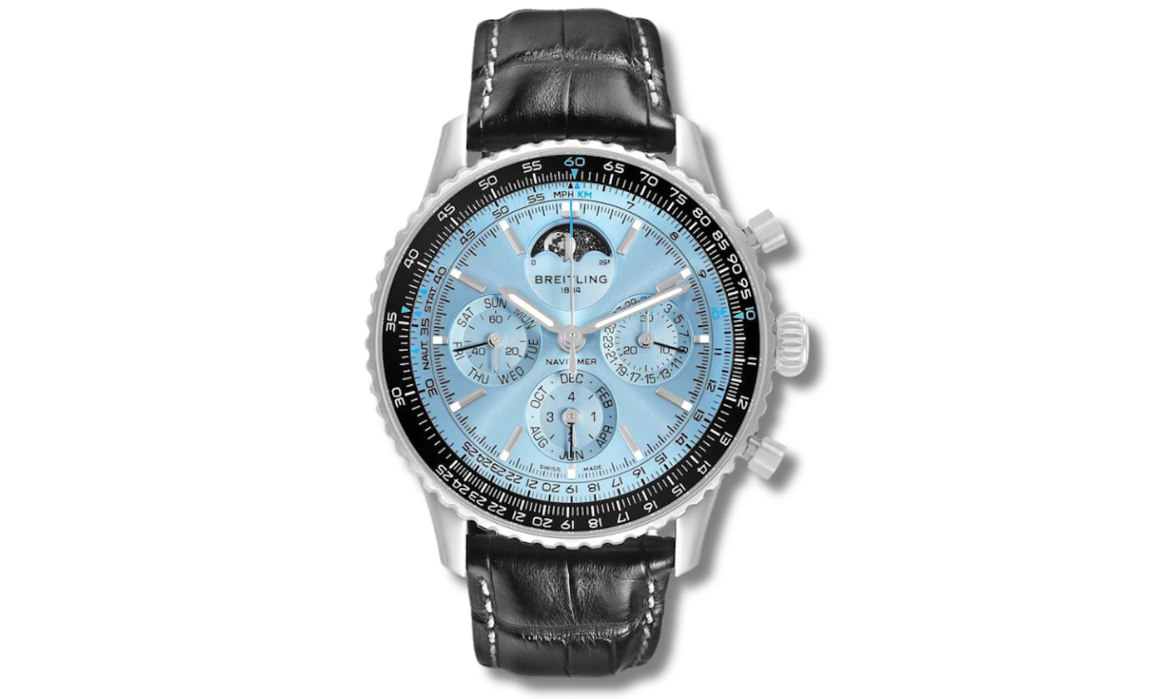 Front view of the Breitling Navitimer B19 dial showing the perpetual calendar subdials and slide rule.