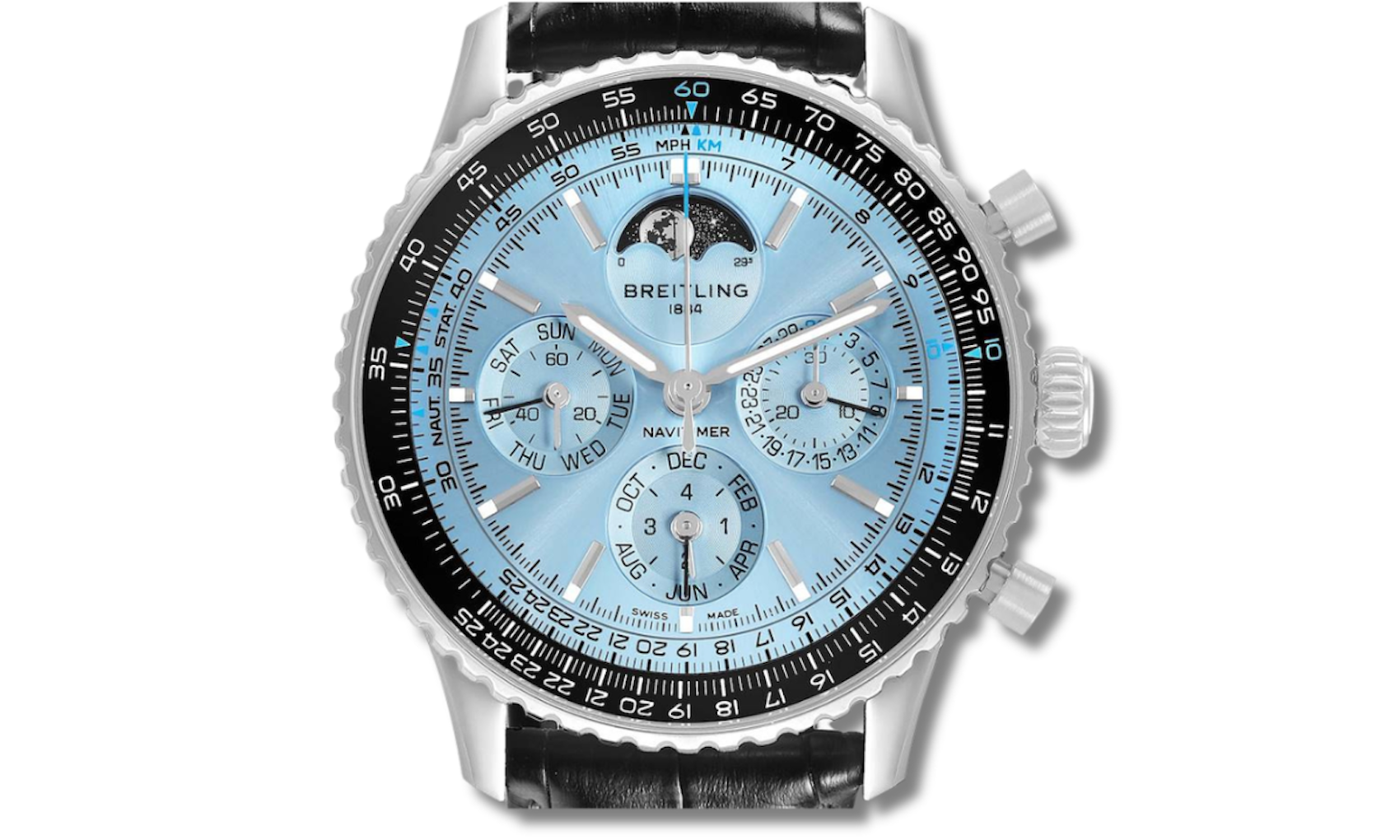  Close up of the 12 o'clock moonphase indicator on the Breitling Navitimer B19.