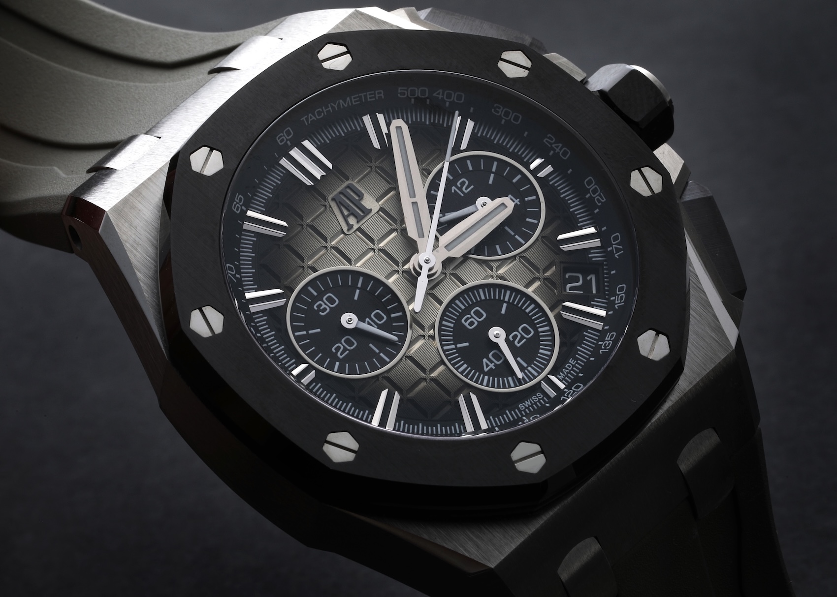 Close-up of an Audemars Piguet Royal Oak Offshore Chronograph in stainless steel with a black Mega Tapisserie dial and rubber strap, matching Kylian Mbappé's modern aesthetic.