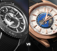 Split-screen comparison of the black ceramic Omega Planet Ocean Worldtimer and the rose gold Aqua Terra Worldtimer.