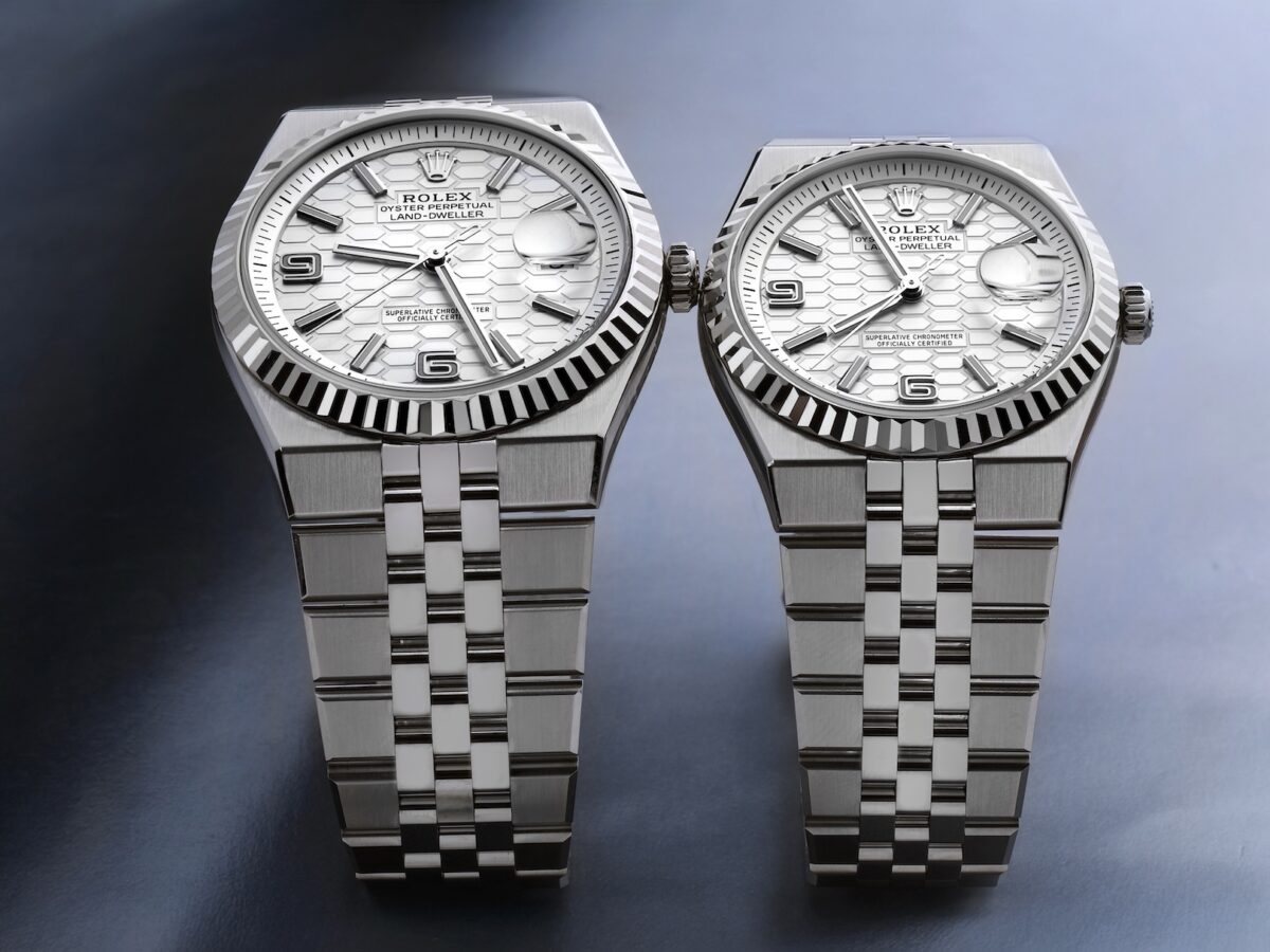 Side-by-side comparison of the Rolex Land-Dweller 36mm and 40mm models showing the textured honeycomb dial.
