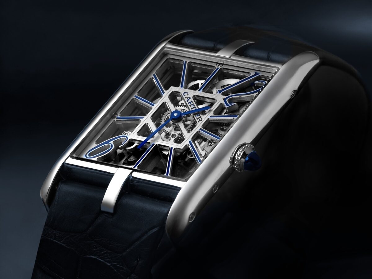 Cartier Tank Asymetrique Skeleton Platinum WHTA0012 with blue lacquered bridges