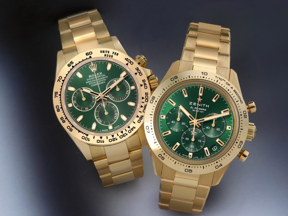 Side-by-side comparison of the Rolex Daytona 116508 and the Zenith Chronomaster Sport 30.3100.3600, both featuring 18k yellow gold cases and green dials.