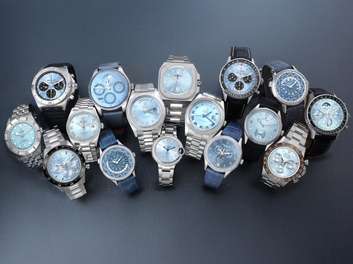 Collection of luxury ice blue dial watches from Rolex, Breitling, Tudor, Patek Philippe, Zenith, and Cartier.