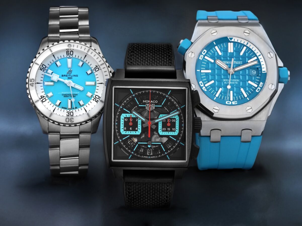 Trio of luxury watches featuring turquoise dials and accents, including a Breitling Superocean, Tag Heuer Monaco, and Audemars Piguet Royal Oak Offshore.