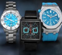 Trio of luxury watches featuring turquoise dials and accents, including a Breitling Superocean, Tag Heuer Monaco, and Audemars Piguet Royal Oak Offshore.