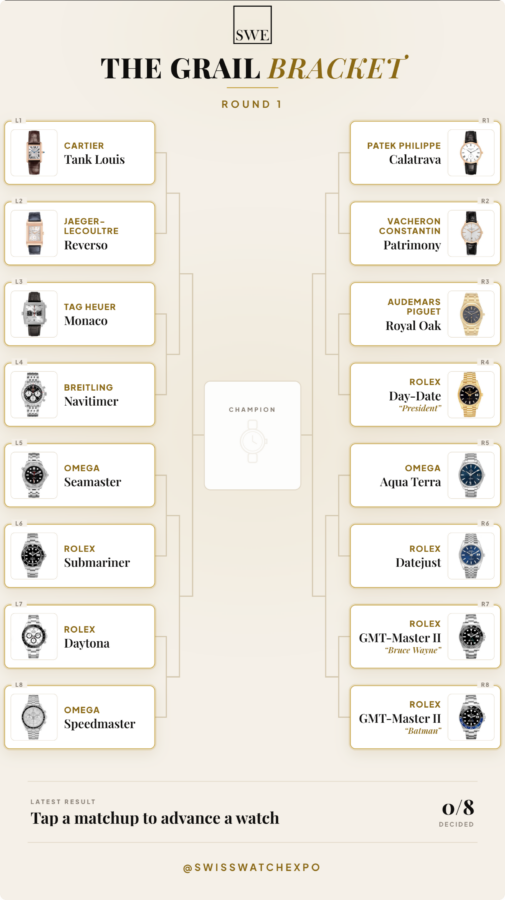 The opening Round 1 graphic of the SwissWatchExpo Grail Bracket showing all sixteen competing luxury watches.