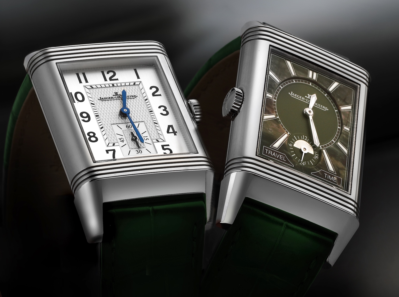 Side-by-side display of the Jaeger-LeCoultre Reverso Tribute Duoface Boutique Edition showing both the classic silver dial and the rare green marble travel time dial.